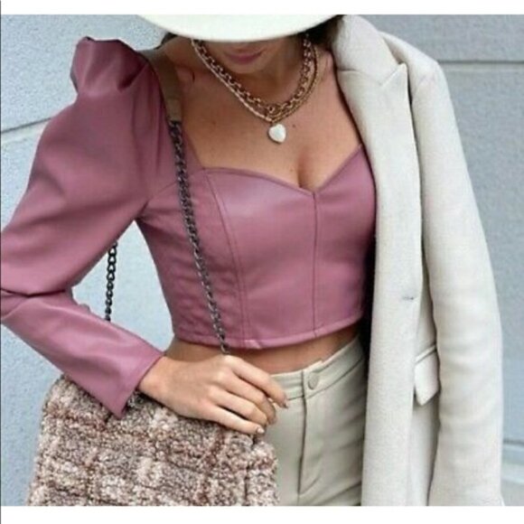 Zara Faux Leather Puff Shoulders Marsala Crop Top/Blouse Blogger Favorite NWT - Picture 8 of 16